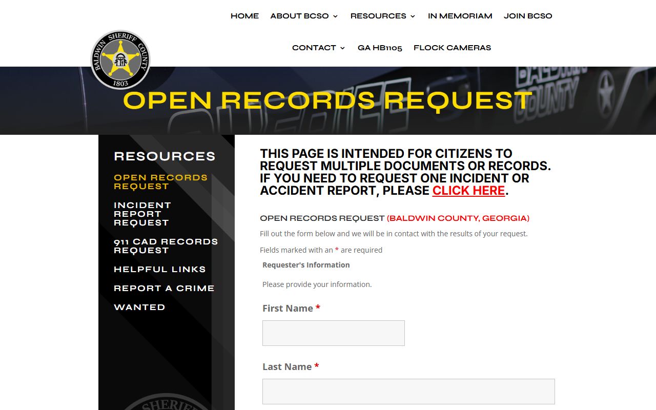 Baldwin County sheriff open records request form for arrest, booking, and warrant records