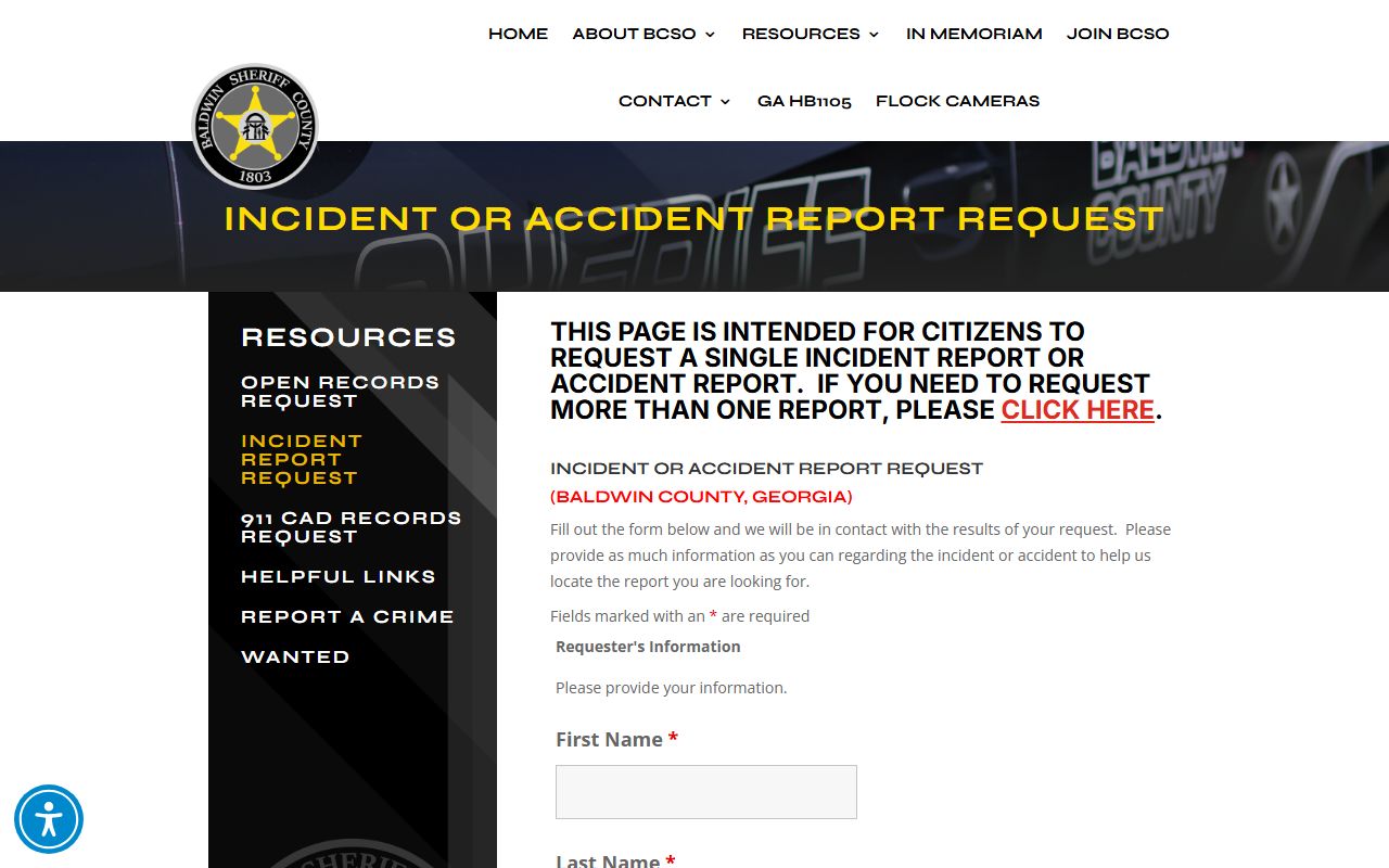 Baldwin County sheriff incident report request form for single law enforcement reports