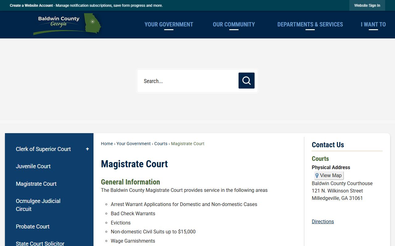 Baldwin County Magistrate Court page listing warrant applications and civil case functions