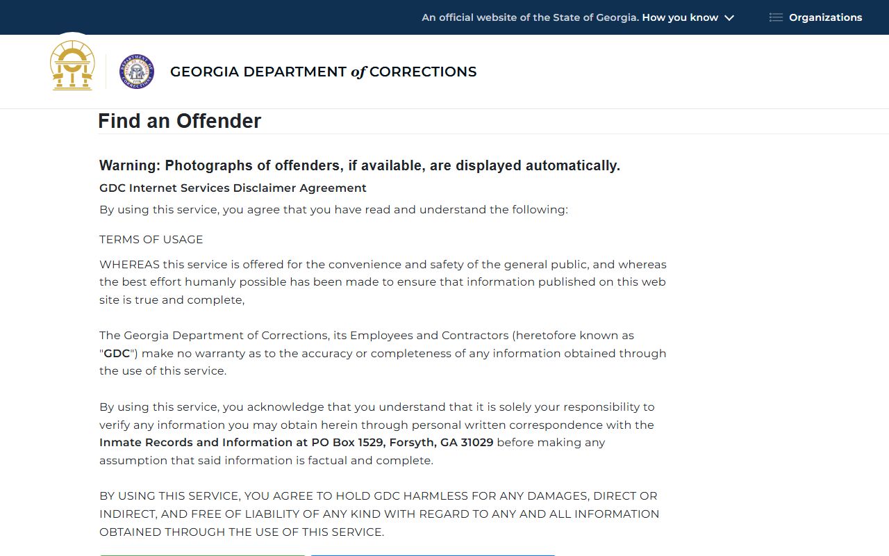 Georgia Department of Corrections offender query search page