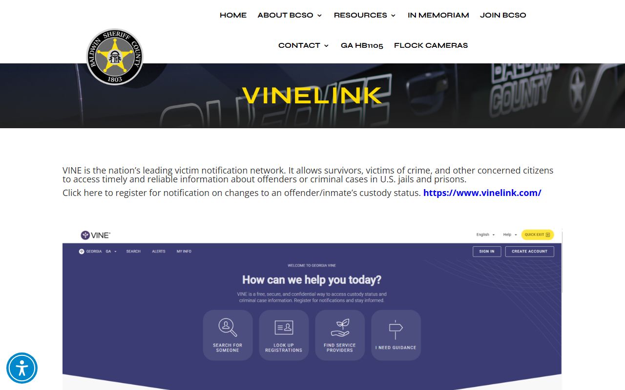 Baldwin County sheriff VINE page for custody status notification