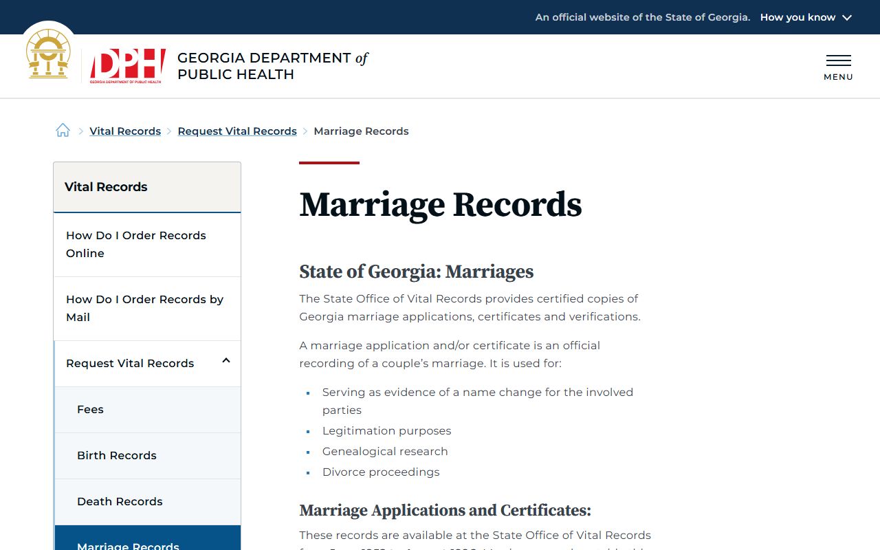 Baldwin County marriage divorce records Georgia DPH marriage request page