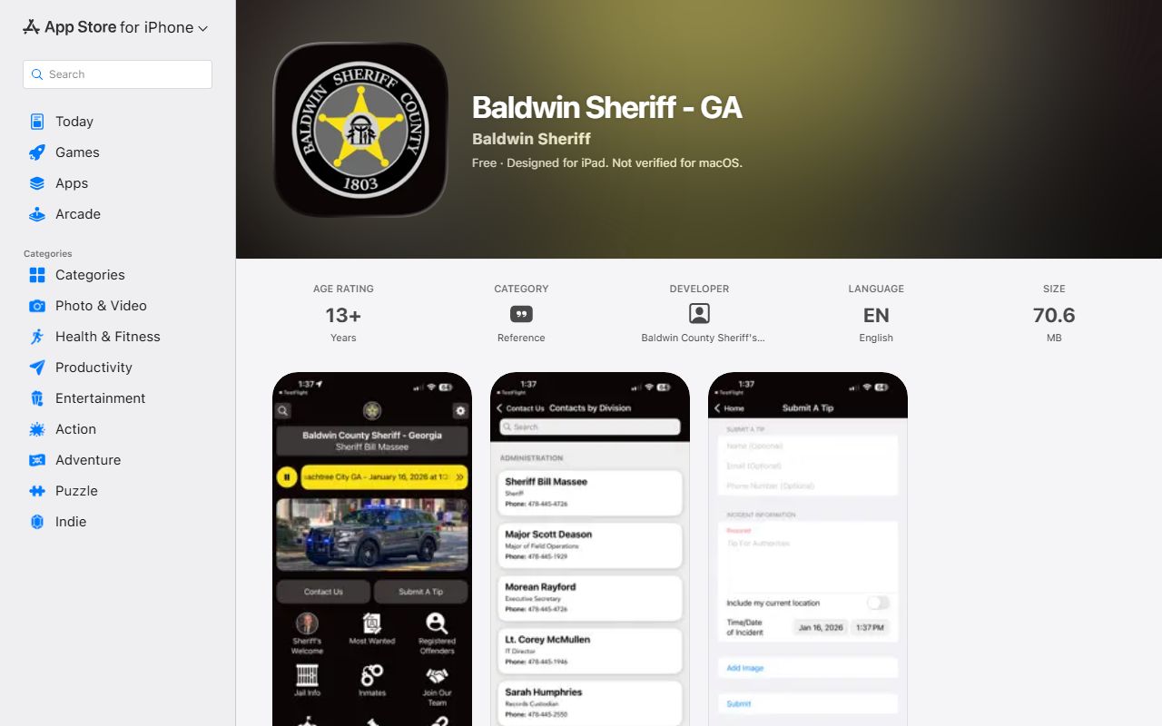 Baldwin Sheriff GA iOS app listing for sheriff communication features