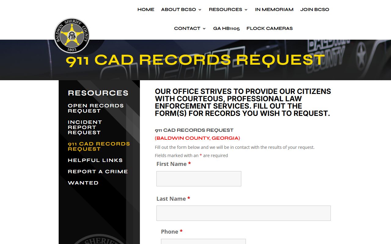Baldwin County sheriff 911 CAD records request form for dispatch records